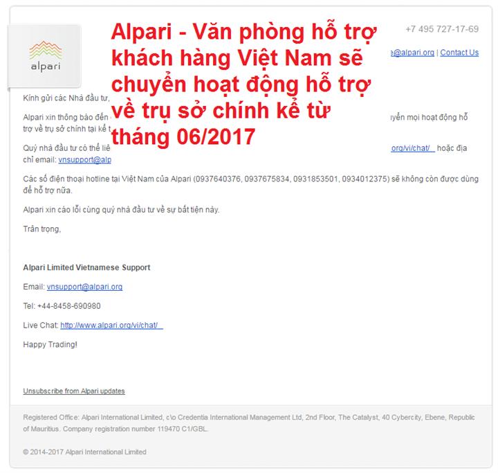 Alpari – Văn phòng hỗ trợ khách hàng Việt Nam sẽ chuyển hoạt động hỗ trợ về trụ sở chính kể từ tháng 06/2017